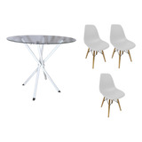 Mesa Vidro Redondo 90cm Base Italy + 3 Cadeira Eiffel Bgc