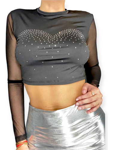 Remera Crop Top  Lycra Manga Larga Tul Con Strass - Mujer