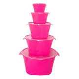 Kit Potes Bacias Livre De Bpa Com Tampa 5 Peças Tamanhos Cor Rosa Neon