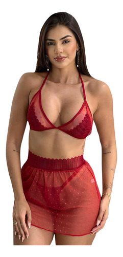 Lingerie Sensual Feminina Mini Saia Transparente Sexy 3peças