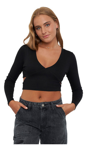 Polera Mujer Manga Larga Cut Out Lateral Negro Corona