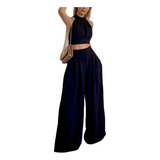 Conjunto Dama Elegante Casual Pantalón Y Crop Top Sin Manga