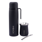 Set Termo 1 Litro + Mate + Bombilla Acero Inoxidable 2 Capas Color Negro