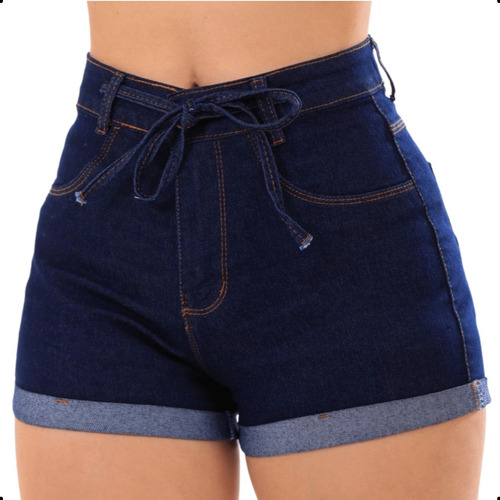 Short Jeans Feminino Cintura Alta Com Lycra Barra Dobrada
