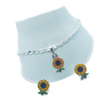 Pulsera De Girasol 1.5 De Plata Con Aretes K12