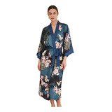 Bata Kimono Seda Satinada Floral Mujer Ulivary