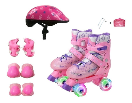 Patins Quad Rosa Regulável 28-32 E 33-36 Rodinhas Led + Kit