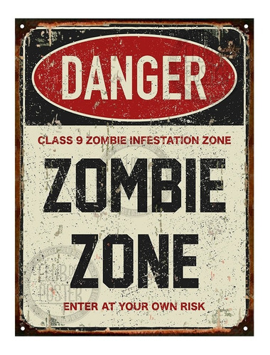 Cartel De Chapa Vintage Danger Zombie Zone 20x28cm