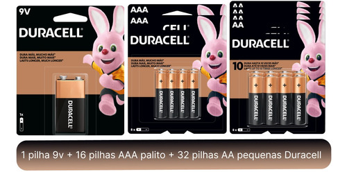 Kit 32 Pilhas Pequena Aa+16 Pilhas Palito Aaa Duracell+9v