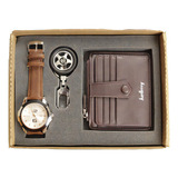 Set Reloj Hombre Yasole 3atm. Cartera Y Llavero Rin, Sport B Color De La Correa Café/blanco