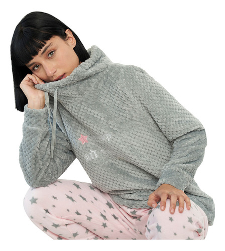 Pijama Mujer Polar Cuello Alto Gris Estrellas Corona