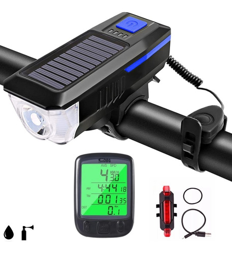 Farol Lanterna Solar Bike Buzina + Pisca + Veloc. Luz Noturn