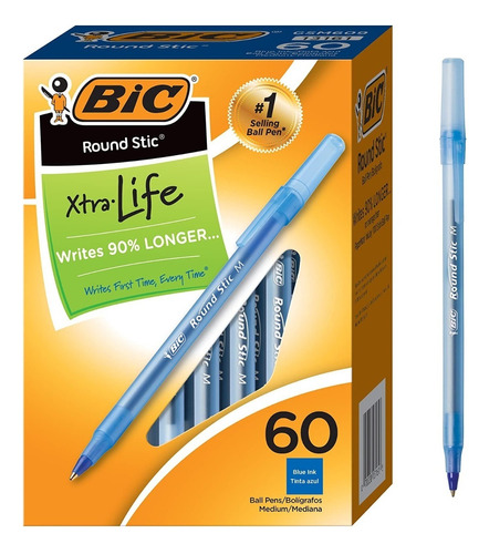 Bic Round Stic Xtra Life Bolígrafo Punta Mediana Azul 60pzas