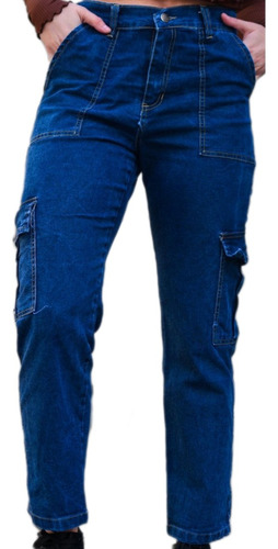 Pantalon Jean Mom Cargo Azul Tiro Alto Calce Perfecto