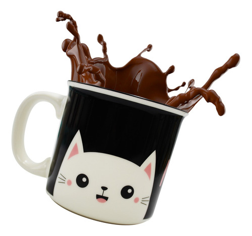 Taza Grande Para Café Diseño Gato Porcelana Tarro 500ml Color Negro Liso