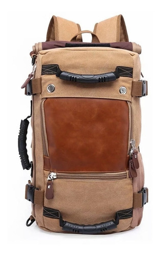 Bolsa Kaka K-c Mochila Grande Para Camping Viagem Lona E Couro Cor Cáqui Desenho Do Tecido Liso 