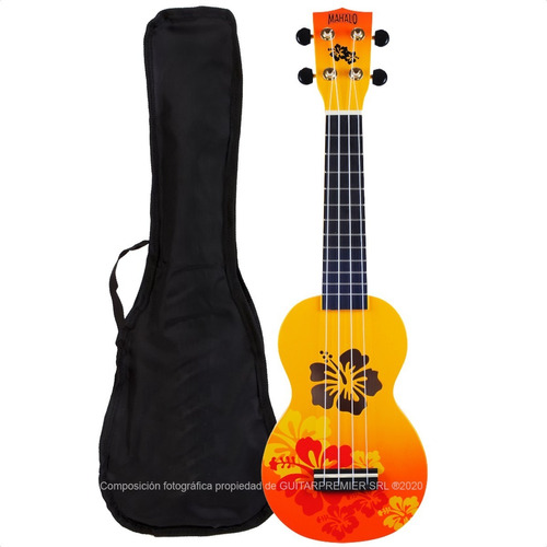 Ukelele Soprano Diseño Mahalo + Funda + Pua Hibiscus Naranja