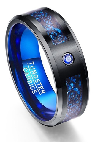 Anel Masculino Preto E Azul Dragão Diamante Cz Tungstênio