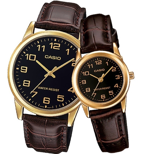 Reloj Casio Mtpv001 + Ltp V001 Piel Cafe Cara Negra Pareja 