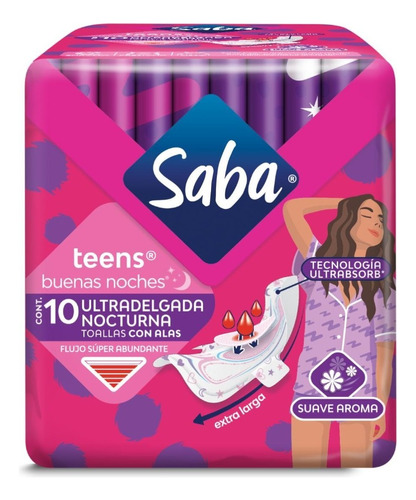 Toallitas Femeninas Saba Teens Nocturna Ultradelgada Con Alas 10 U