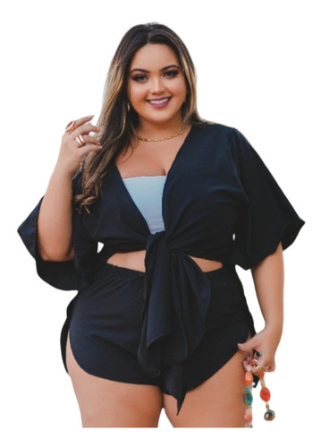 Saída Praia Conjunto Camisão Manga Curta + Short - Plus Size