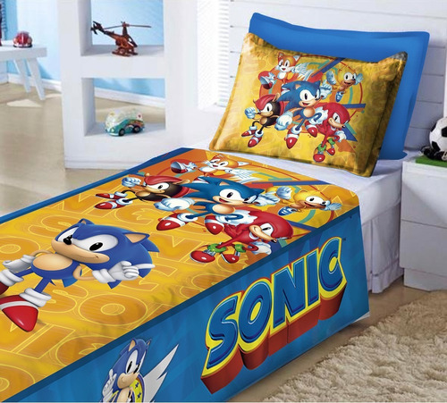 Jogo Lençol Cobre Leito + Fronha Infantil Sonic