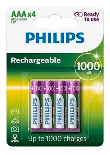 Pilha Recarregável Palito Aaa Philips 1000mah Com 4 Unidades