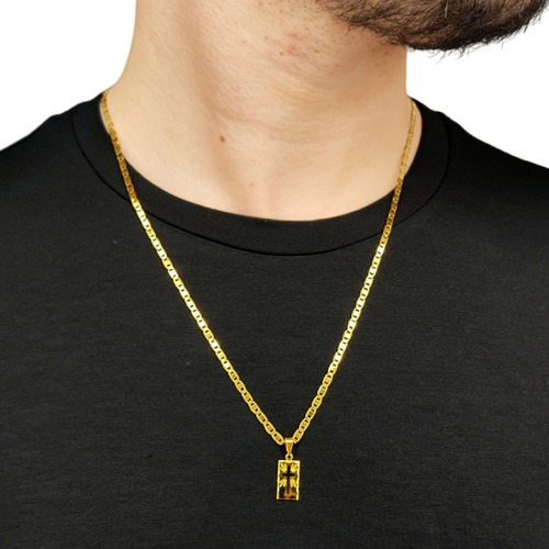 Corrente Masculina Fina + Cordão Crucifixo Banhado Ouro 18k