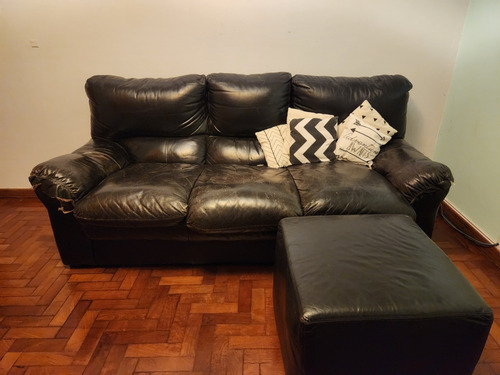 Sillon De Cuero Negro 3 Cuerpos Con Puff