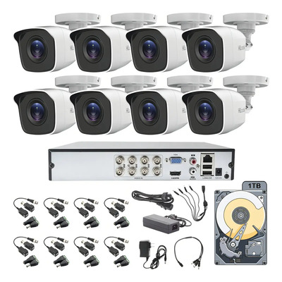 Kit Circuito Cerrado Hilook Dvr 8 Canales 8 Cámaras 720p 1MP Hd THC-B110-P Video Baluns + Disco Duro 1tb Sin cable Hikvision | Envío gratis