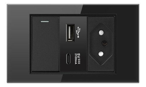 Tomada Com Interruptor E Entrada Usb E Tipo C Painel Vidro Cor Preto 20a