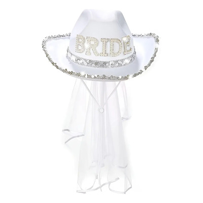 Sombrero Vaquero Nupcial Con Velo De Lentejuelas Y Letras