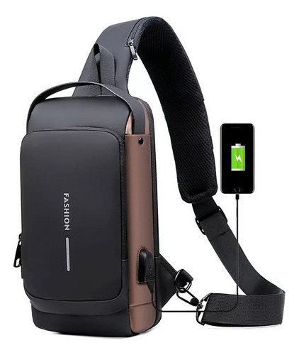 Bolso De Hombro Antirrobo Sport Sling Con Cargador Usb Color Marrón Claro