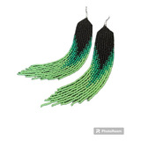 Aretes En Mostacilla Checa Flequillos Largos Negro Y Verdes 