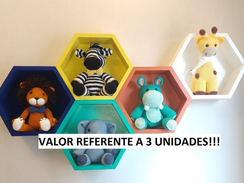 3 Pç Nicho Hexagonal Colmeia Colorido Com Fundo Mdf Pintado