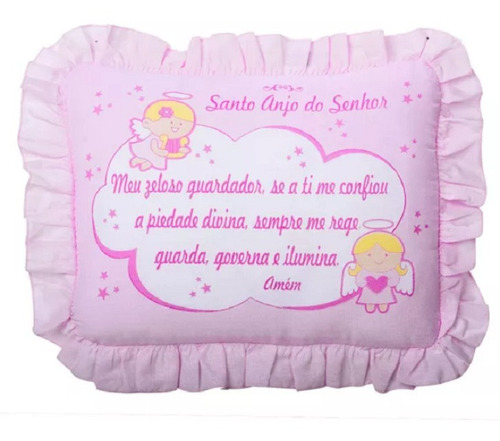 Travesseiro Bebê Oração Santo Anjo 28x35cm Luxo Com Babado