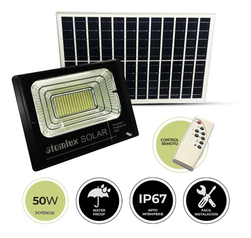 Reflector Solar Led 50 Watts Atomlux Ip65 Litio + Panel Color De La Carcasa Negro Color De La Luz Blanco Frío