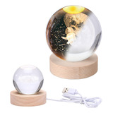 Luz Noche Cristal Luna Y Astronauta 3d Led Usb Base Madera