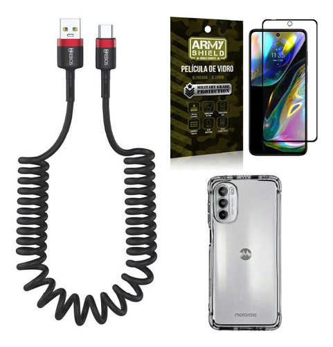 Kit Capinha Moto G82 + Cabo Espiral Tipo C + Película