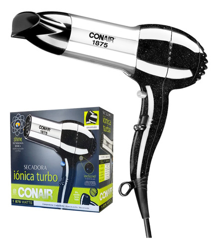 Secadora Cabello Conair Turbo Iones Cromada Anti Friz Ligera