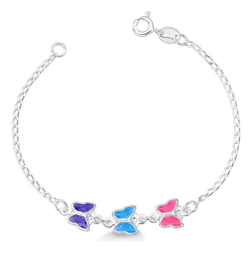 Pulseira Infantil Borboletas Coloridas Prata 925 Legitima