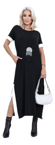 Vestido Longo Feminino Saruel Bolso Fenda Lateral Viscolycra