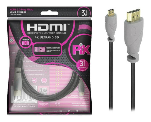 Cabo Micro Hdmi X Hdmi 3 Metros Blindado 2.0 Ethernet 3m 4k