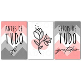 Quadro Decorativo 3 Peças Gratidão Tons Pasteis T5