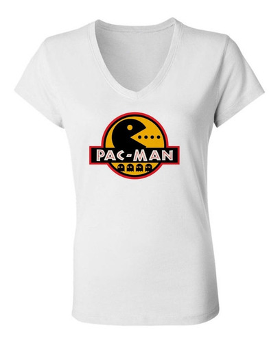 Remera Pacman Videojuego Retro Mujer Escote V 