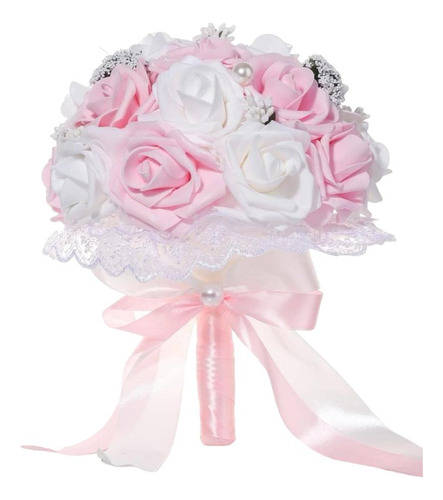 Ramo Novia Xv Años Bouquet Articial Blanco + Rosa Y Encaje