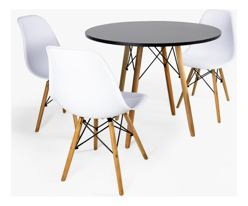 Mesa Sala De Jantar Redonda 90cm 3 Cadeiras Eames Pé Madeira