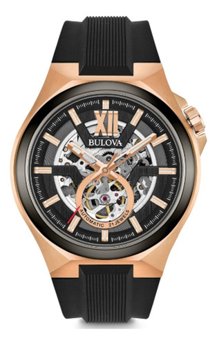 Relogio Bulova Machine Skeleton Automatico 98a177 Original Cor Da Correia Preto Cor Do Bisel Ip Black