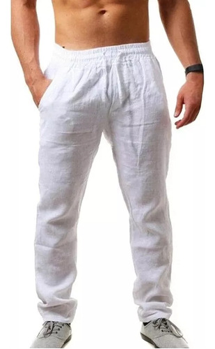 Pantalones Playa Casuales Rectos Anchos Lino Algodón Hombre