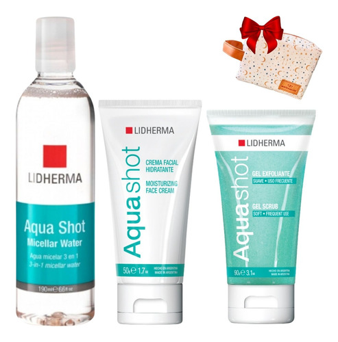 Kit X 3 Aquashot Facial Lidherma Micelar Hidratante Scrub